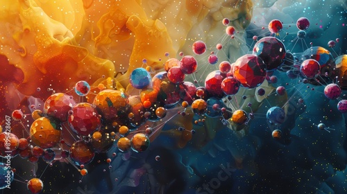 An abstract artistic interpretation of a molecule, with colorful geometric shapes representing atoms and bonds, conveying the complexity and beauty of molecular structures.