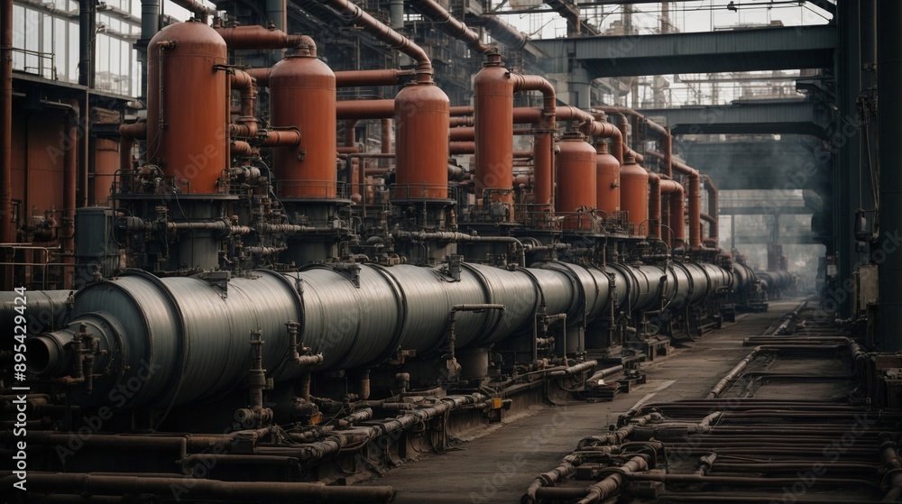 Industrial Machinery: A row of large industrial machinery, possibly in a factory or manufacturing plant, with a focus on the intricate details of the machinery. The image evokes a sense of power, pre Industrial Machinery: A row of large industrial machinery, possibly in a factory or manufacturing plant, with a focus on the intricate details of the machinery. The image evokes a sense of power, pre
