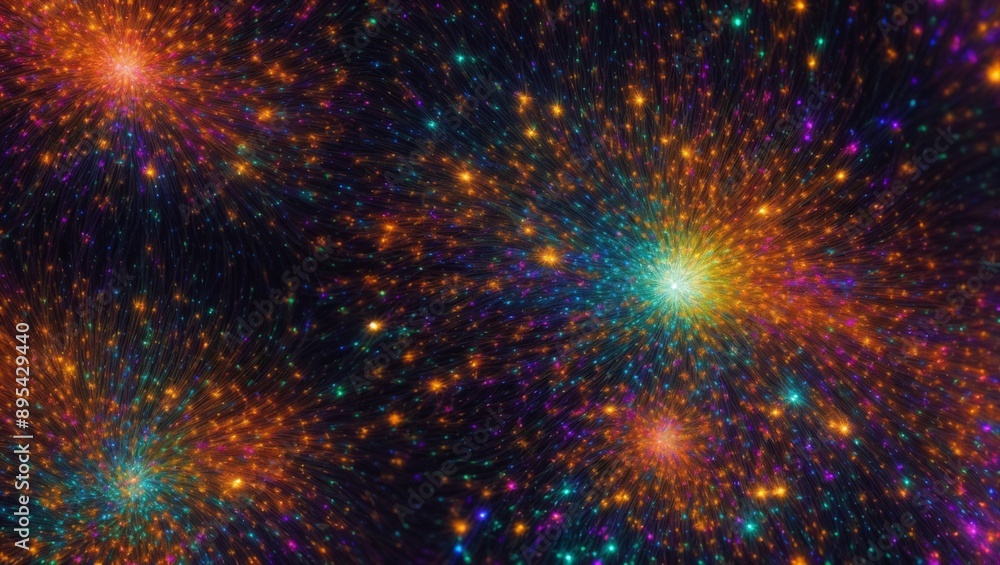 Fototapeta premium Cosmic Dance: A vibrant abstract artwork depicting a mesmerizing cosmic dance of colors and light, with shimmering stars and nebulae swirling in the vast expanse of space. 