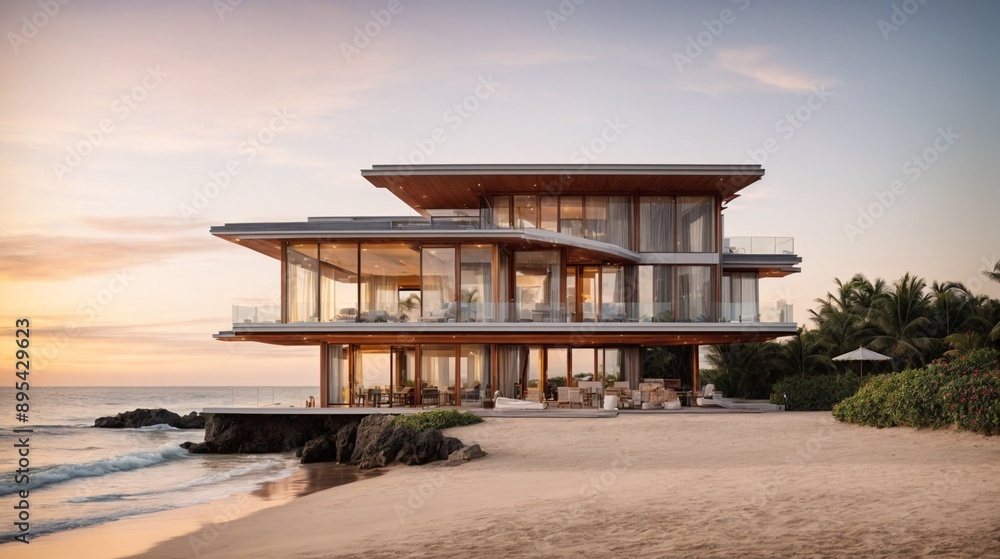 Modern Coastal Dream Home: A stunning contemporary house perched on a cliffside overlooking a tranquil ocean, bathed in the warm glow of sunset. The minimalist design and expansive glass windows creat Modern Coastal Dream Home: A stunning contemporary house perched on a cliffside overlooking a tranquil ocean, bathed in the warm glow of sunset. The minimalist design and expansive glass windows creat