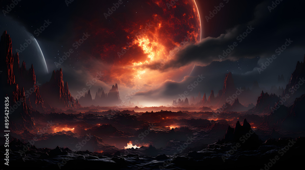 A fiery, red planet hangs in the sky over a landscape of rocky, volcanic mountains. The fiery planet glows and is surrounded by a soft cloud. A fiery, red planet hangs in the sky over a landscape of rocky, volcanic mountains. The fiery planet glows and is surrounded by a soft cloud.