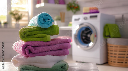 Stack of colorful folded towels in a laundry room with a washing machine in the background. photo