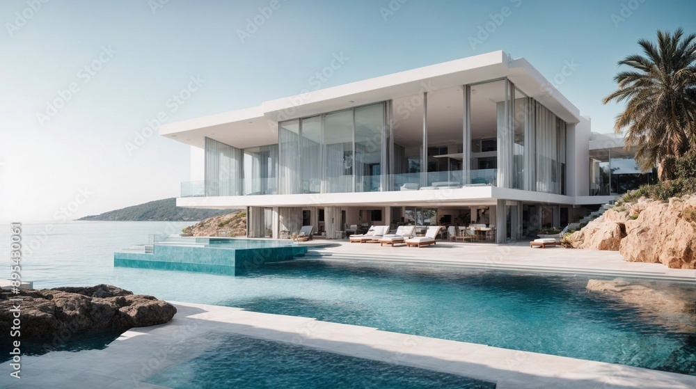 Fototapeta premium Coastal Oasis: Modern Luxury Villa with Infinity Pool Overlooking the Ocean 