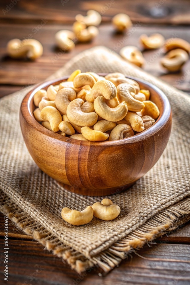 Cashew nuts in a wooden bowl on linen fabric Cashew nuts in a wooden bowl on linen fabric