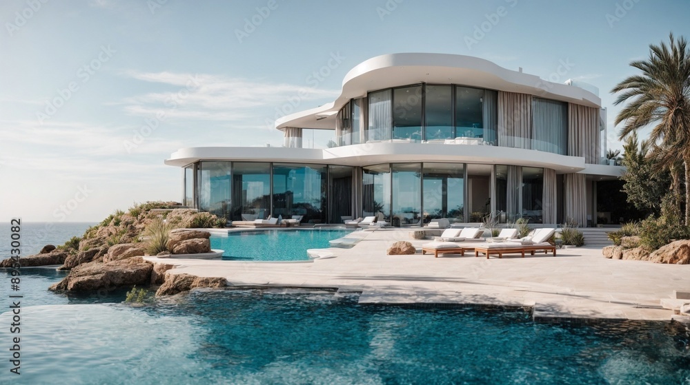 Fototapeta premium Coastal Opulence: A Modern Masterpiece Embracing the Mediterranean Sea 