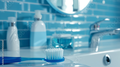 A toothbrush, soap dispenser, and other toiletries on a blue bathroom countertop. photo