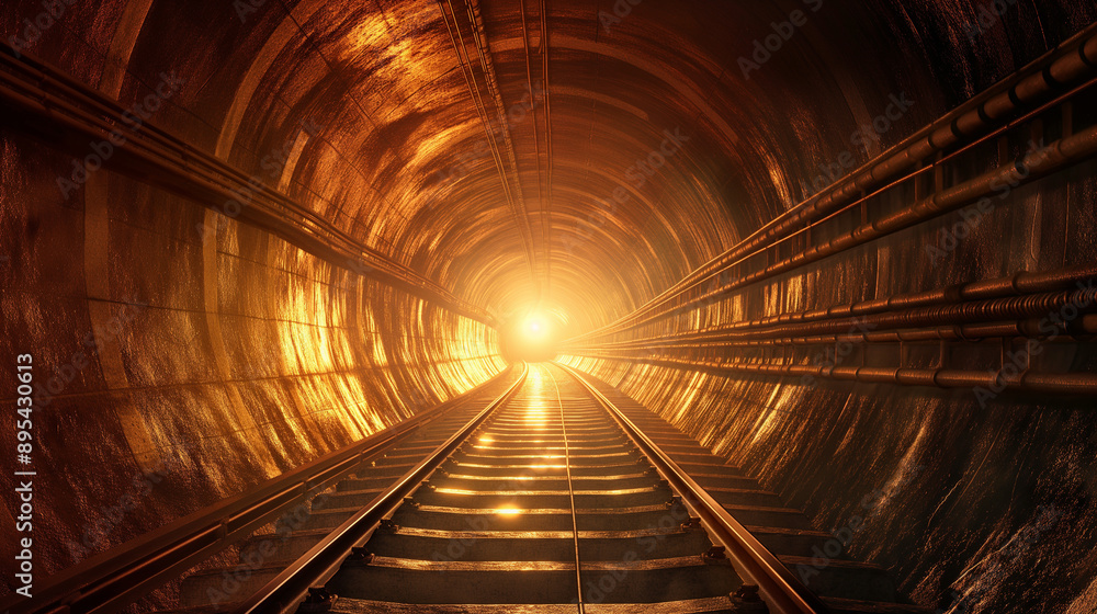 A railway track leading into a tunnel with a bright light at the end. A railway track leading into a tunnel with a bright light at the end.