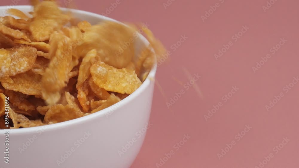 close up half shot of pouring corn flakes into white bowl on pink background close up half shot of pouring corn flakes into white bowl on pink background