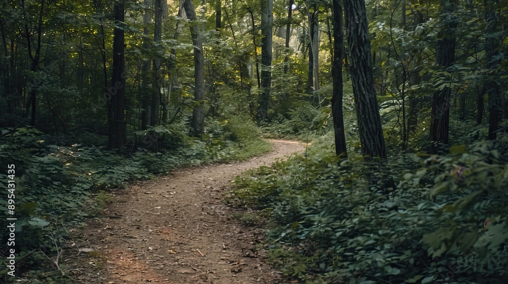 Fototapeta premium Pathway through dense forest with tall trees and greenery on both sides