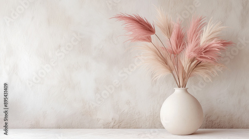 A vase with pink pampas grass on a white surface against a neutral background. photo