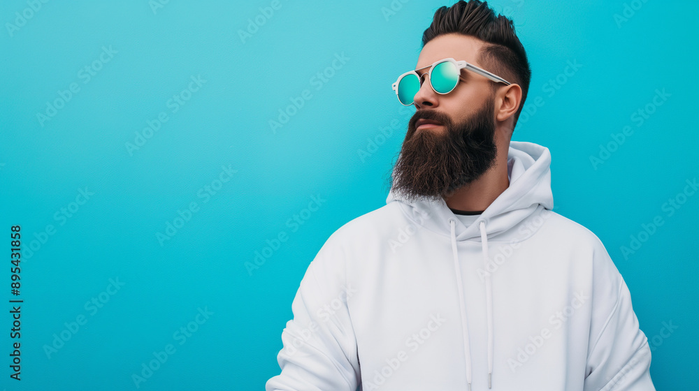 A man wearing a white hoodie and sunglasses standing against a bright blue wall.
A man wearing a white hoodie and sunglasses standing against a bright blue wall.