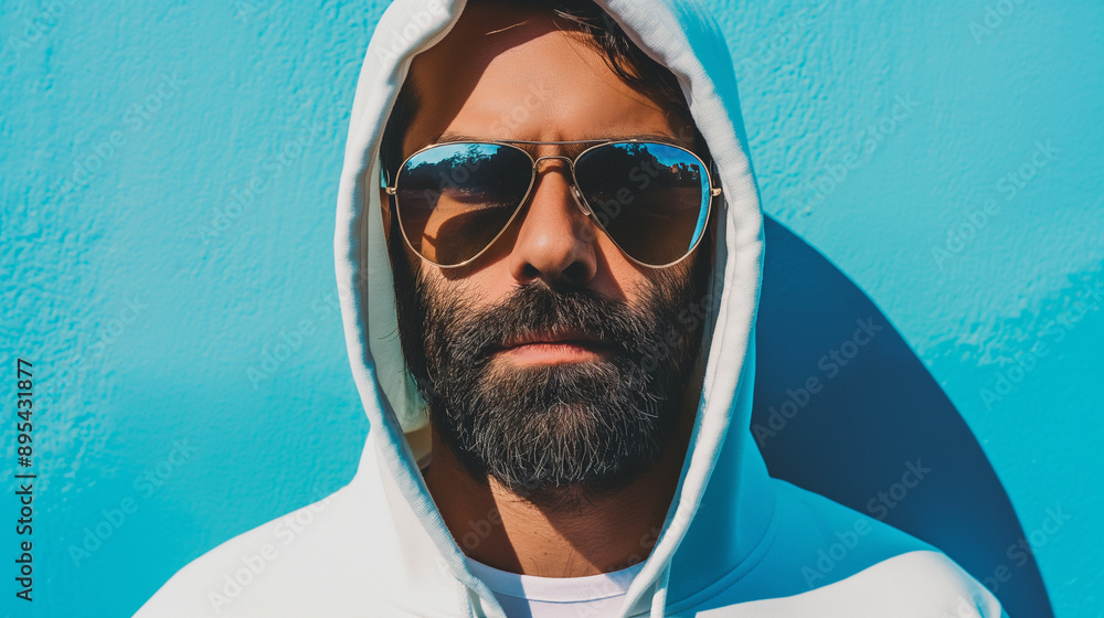 A man wearing a white hoodie and sunglasses standing against a bright blue wall.
A man wearing a white hoodie and sunglasses standing against a bright blue wall.