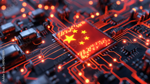 A computer microchip with the Chinese flag on a circuit board. photo