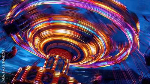 Bright colorful spinning amusement park ride at night with motion blur