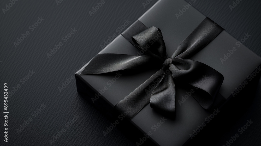 A black gift box with a black ribbon on a dark background. A black gift box with a black ribbon on a dark background.