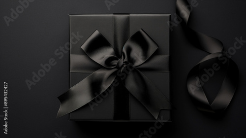 A black gift box with a black ribbon on a dark background. photo