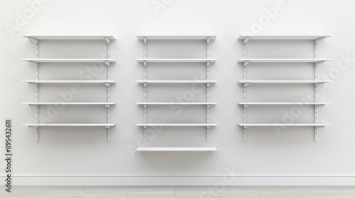 An empty white bookshelf with three sections against a plain wall.
 photo