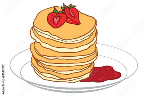 tall Stack of Buttery Pancakes Topped With Strawberries, Syrup. golden brown pancakes, white plate, two red strawberries vector isolated doodle illustration for cafe, restaurant menu, recipe, cookbook