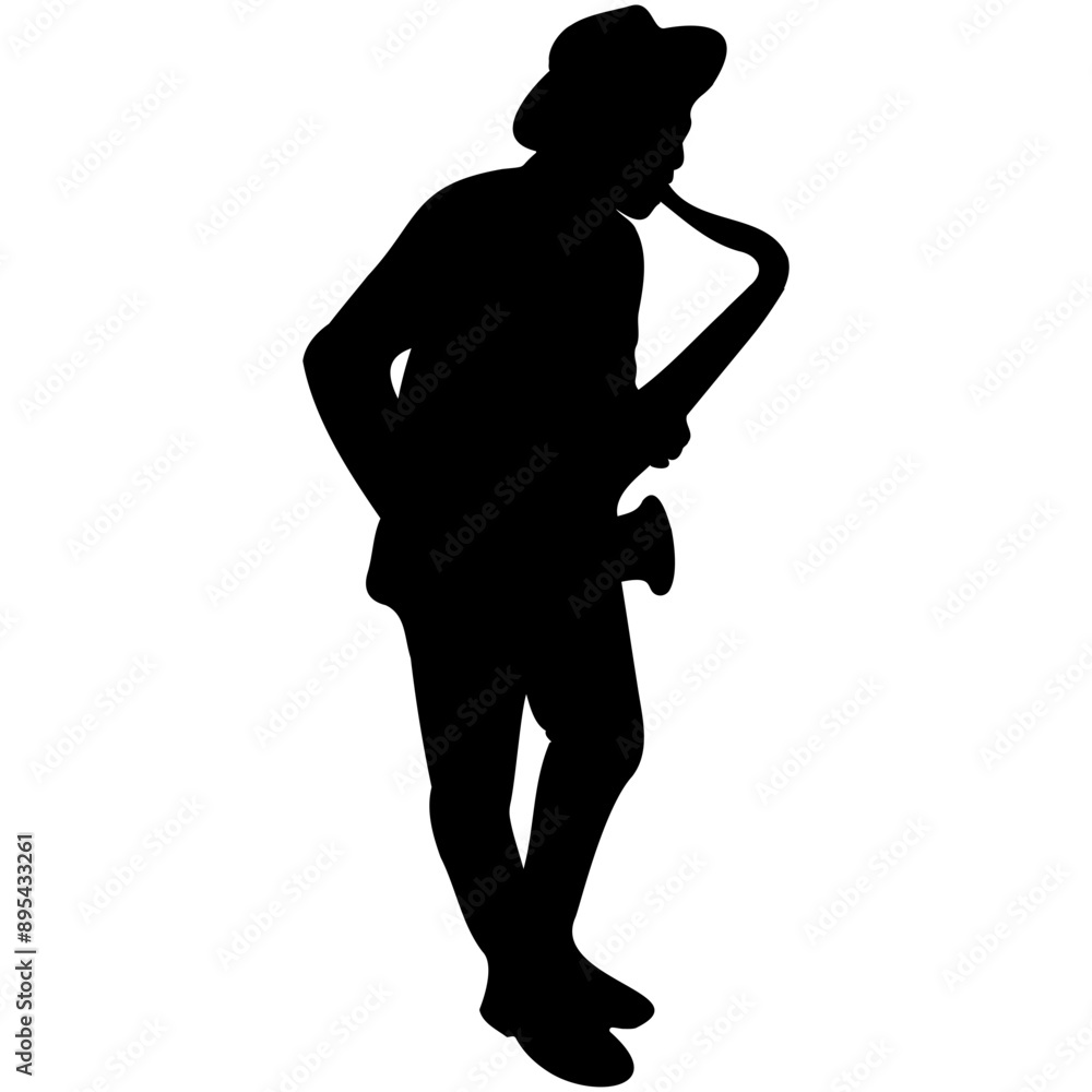 Jazz Musician Silhouette on White Background. Vector Black Silhouette with Flat Design Jazz Musician Silhouette on White Background. Vector Black Silhouette with Flat Design