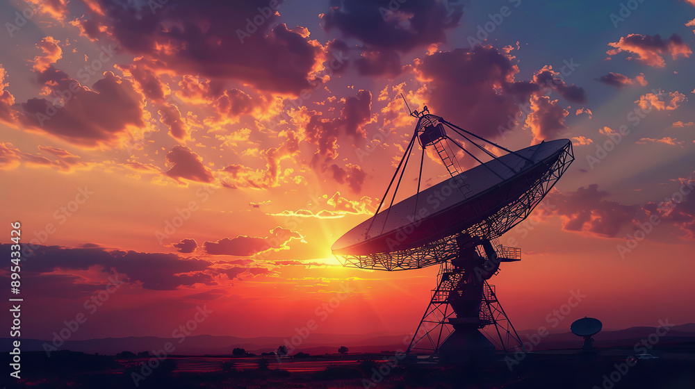 Sunset Silhouette of Large Satellite Dish Transmitting Signals Sunset Silhouette of Large Satellite Dish Transmitting Signals