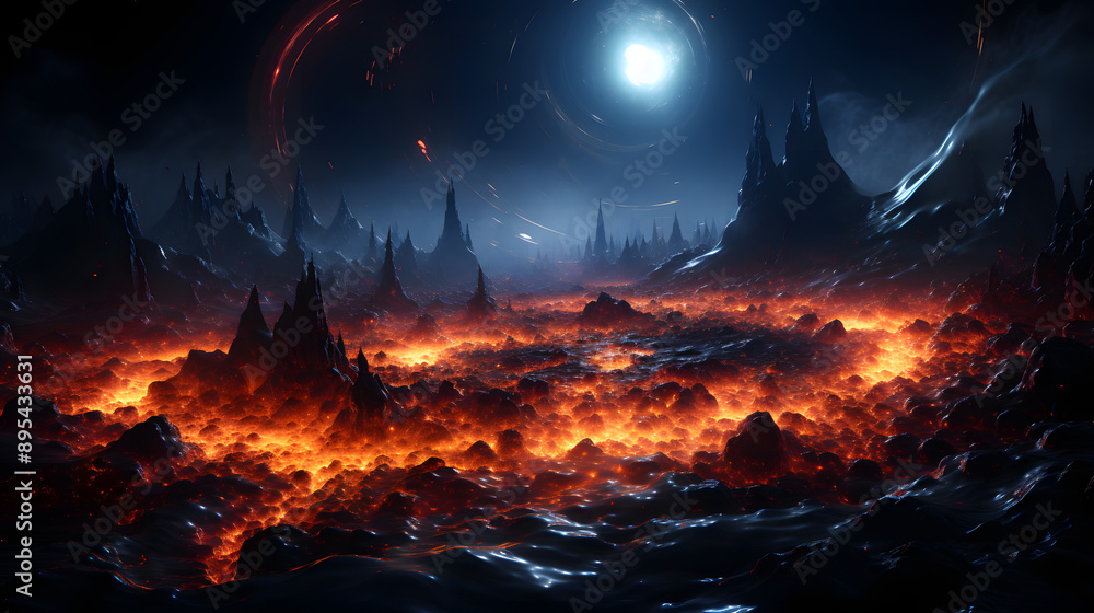 A dark, rocky landscape illuminated by glowing orange lava flows in the distance, beneath a starry, blue sky. A bright, white sun shines down from above, creating swirling rings of light. A dark, rocky landscape illuminated by glowing orange lava flows in the distance, beneath a starry, blue sky. A bright, white sun shines down from above, creating swirling rings of light.