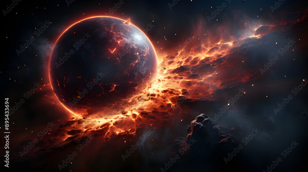 A fiery explosion erupts on a planet, sending debris flying across the dark expanse of space. The impact zone glows with intense heat, illuminating the surrounding asteroids. A fiery explosion erupts on a planet, sending debris flying across the dark expanse of space. The impact zone glows with intense heat, illuminating the surrounding asteroids.