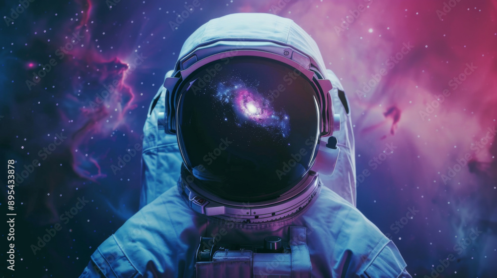 Front view astronaut potrait. Astronaut in space suit with galaxy and nebula reflection in helmet glass Front view astronaut potrait. Astronaut in space suit with galaxy and nebula reflection in helmet glass