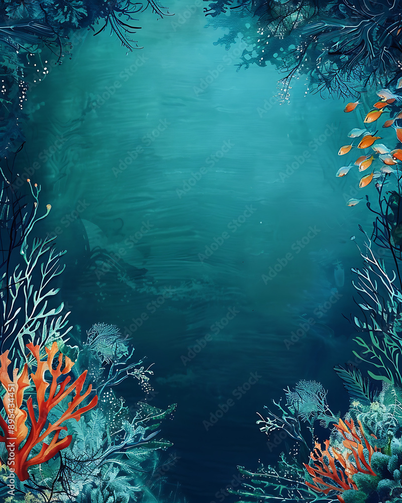 Fototapeta premium A digital art illustration of an underwater scene with coral reefs and marine life in blue and green. The darkened background highlights colorful corals and fish, with space for text at the top right.