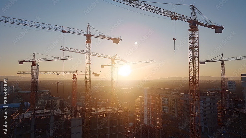 Construction Cranes Spread Across the Sky with Clear Space at Sunset Construction Cranes Spread Across the Sky with Clear Space at Sunset