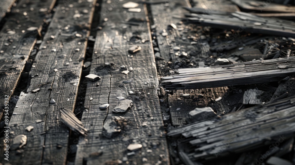 Close-up of the damaged boardwalk in Biscuit Basin after the hydrothermal explosion, pieces of wood and debris on the ground, Portrait close-up, hyper-realistic, high detail, photorealistic, studio Close-up of the damaged boardwalk in Biscuit Basin after the hydrothermal explosion, pieces of wood and debris on the ground, Portrait close-up, hyper-realistic, high detail, photorealistic, studio