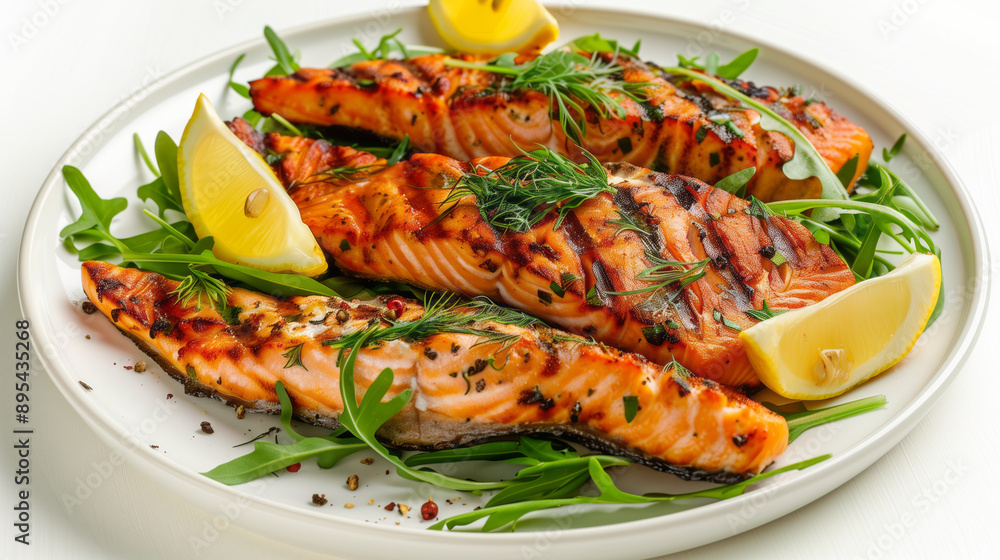 Pieces of grilled salmon fillet on a plate with lemon wedges Pieces of grilled salmon fillet on a plate with lemon wedges