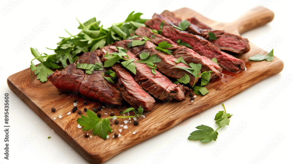 Sliced beef steak on a cutting board, garnished with fresh herbs Sliced beef steak on a cutting board, garnished with fresh herbs