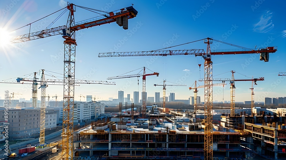 Majestic cranes dominating the skyline as a city undergoes dynamic construction and transformation Majestic cranes dominating the skyline as a city undergoes dynamic construction and transformation