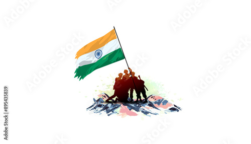Indian Army, rising tricolor flag on kargil mountains and celebrating Kargil Vijay Diwas or Kargil Victory day.