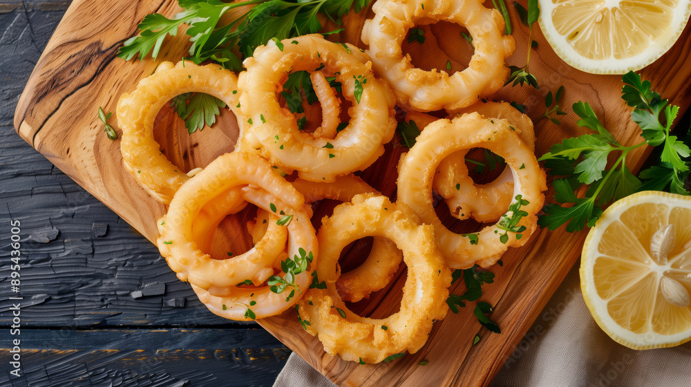 Sliced calamari rings on a wooden chopping board Sliced calamari rings on a wooden chopping board