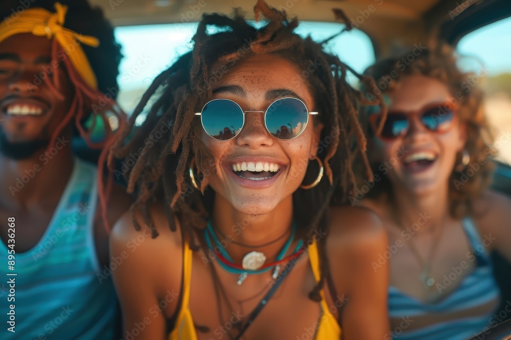 Group of teens singing along to music in a car.