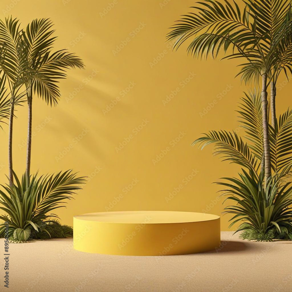 a yellow table with palm trees and a yellow lamp on it a yellow table with palm trees and a yellow lamp on it
