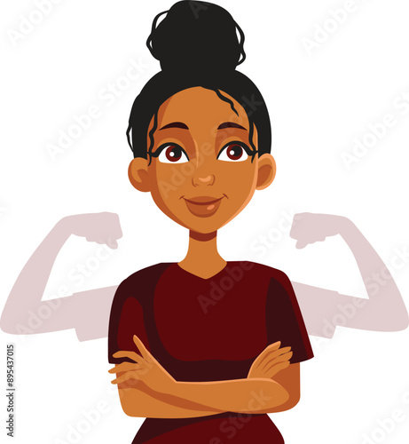 Strong African Lady Feeling Powerful Vector Cartoon Illustration. Cheerful girl of black ethnicity showing her strength and motivation
