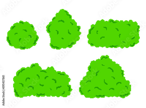 A collection of green bushes in various shapes and sizes. The simple pixelated design is perfect for retro-style games, animations, and digital artwork, adding a touch of nature with a nostalgic vibe.