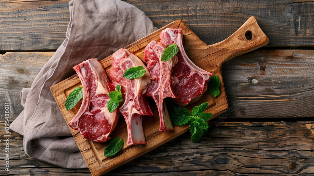 Sliced lamb chops on a wooden chopping board with fresh mint leaves Sliced lamb chops on a wooden chopping board with fresh mint leaves