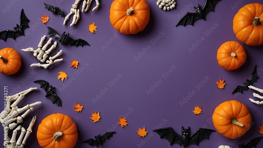 Halloween composition with bone, bat, pumpkin, and other scary on purple background. Happy halloween banner mockup. Flat lay, top view, copy space. Halloween composition with bone, bat, pumpkin, and other scary on purple background. Happy halloween banner mockup. Flat lay, top view, copy space.