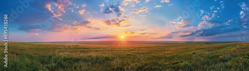 Vast prairie with a vibrant sunset sky, endless horizon, Environment, Prairie Sunsetcopy space for text, focus cover all object, deep dept of filed