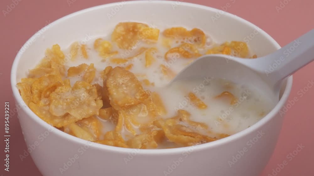 stirring milk with corn flakes in bowl isolated pink background stirring milk with corn flakes in bowl isolated pink background
