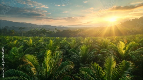 Panoramic landscape with large leaves of palm oil on a sunny summer day. photo