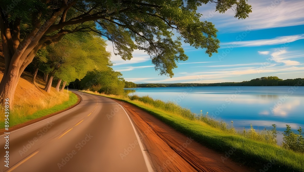 Fototapeta premium A winding country road bordered by verdant trees and lake.generative.ai