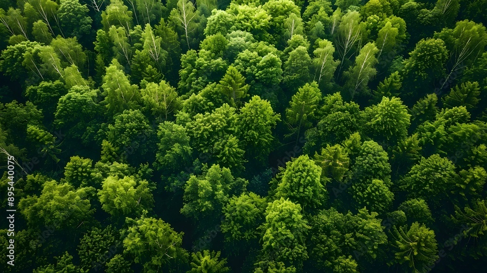 Fototapeta premium Lush Green Forest Canopy Aerial View from Drone with Clear Space