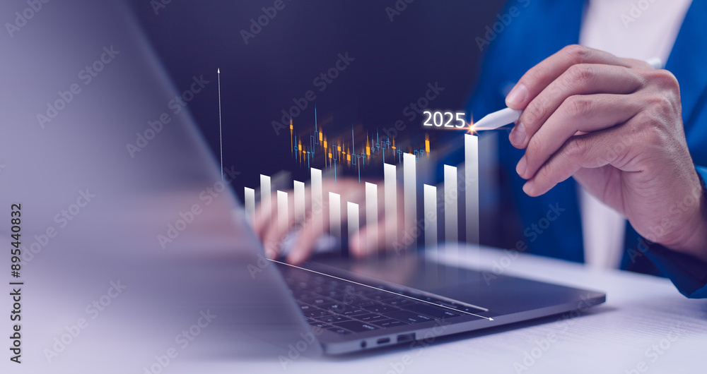 2024 to 2025 business financial plan market concept, performance of profit growth on 2024, education trend up finance on growth graph money revenue, Businessman analyzes profitability of working.