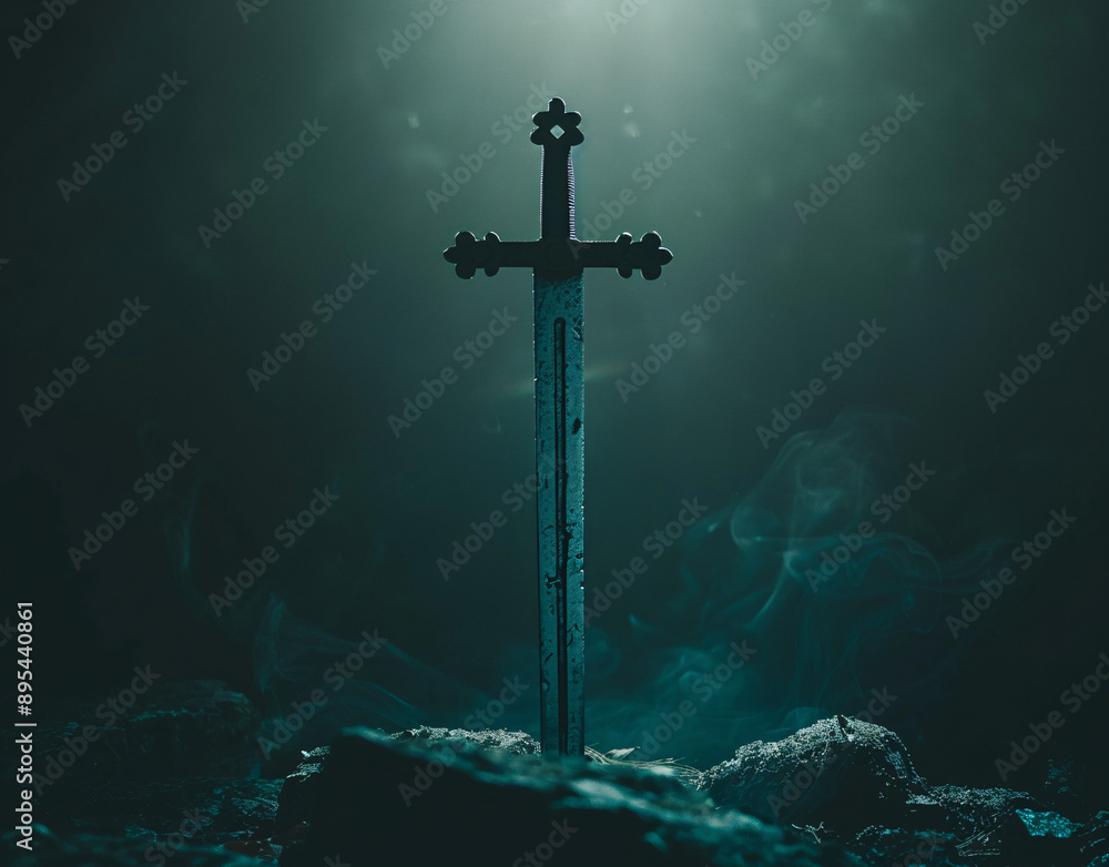 Naklejka premium A silhouette of a silver sword with a crucifix symbol against a dark background. It evokes a sense of mystery and power, symbolizing the historical and spiritual significance of Christianity.