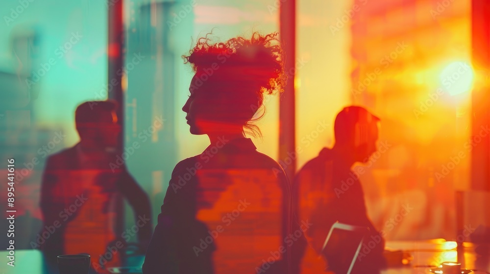 Silhouetted people having a meeting in an office with a beautiful sunset view through the windows, creating a vibrant and colorful atmosphere. Silhouetted people having a meeting in an office with a beautiful sunset view through the windows, creating a vibrant and colorful atmosphere.