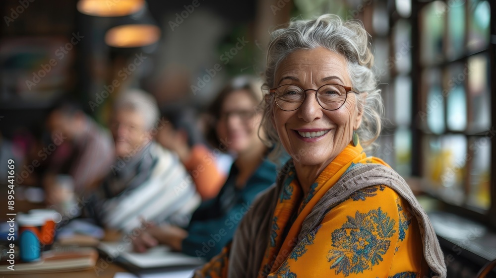Fototapeta premium Smiling elderly woman in patterned shawl and glasses, seated in a cozy cafe with natural light and blurred background.